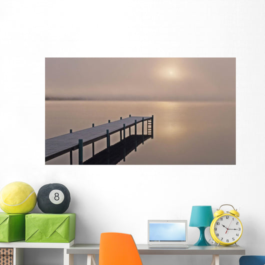 A Foggy Sunrise Over A Dock In Lake Whatcom During Winter Wall Mural