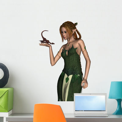 Elf Woman and Pet Wall Decal shown on a wall