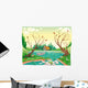 Pond and animals. Funny cartoon and vector illustration Wall Mural