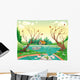 Pond and animals. Funny cartoon and vector illustration Wall Mural