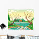 Pond and animals. Funny cartoon and vector illustration Wall Mural
