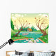 Pond and animals. Funny cartoon and vector illustration Wall Mural