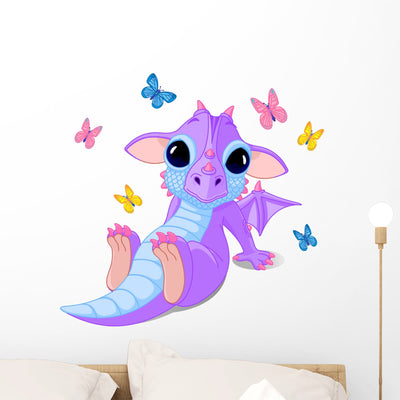 Cute Sitting Baby Dragon Wall Decal shown on a wall