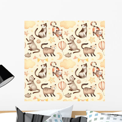 Watercolor Cat Seamless Pattern Wall Decal shown on a wall