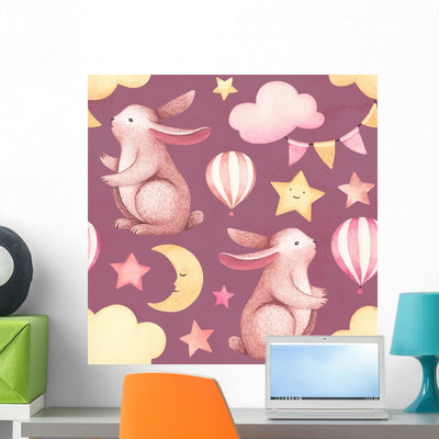 Watercolor Illustration Cute Bunny Wall Decal shown on a wall
