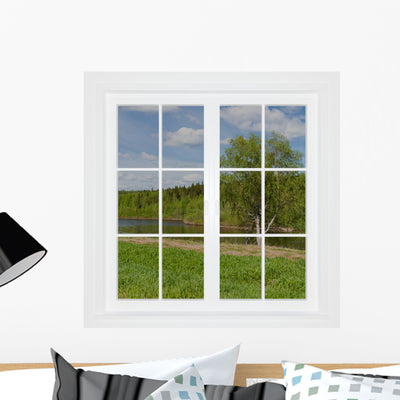 Summer Landscape Window Wall Mural shown on a wall