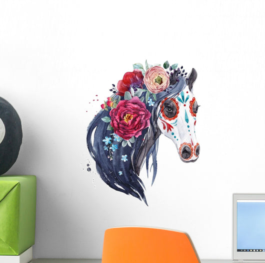 Watercolor Horse with Flowers Portrait Wall Decal