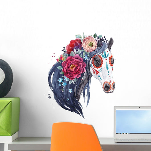 Watercolor Horse with Flowers Portrait Wall Decal