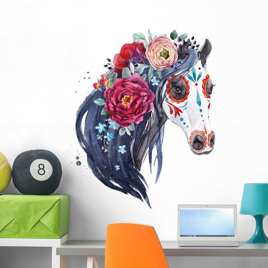 Watercolor Horse with Flowers Portrait Wall Decal