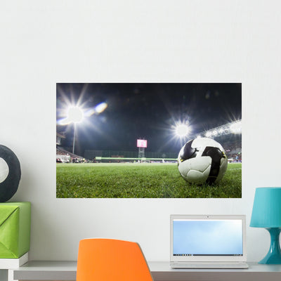 Soccer Ball Nighttime Stadium Wall Mural shown on a wall