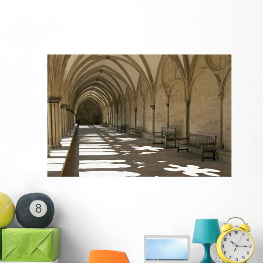 A covered corridor with benches and a dome ceiling;Salisbury england Wall Mural