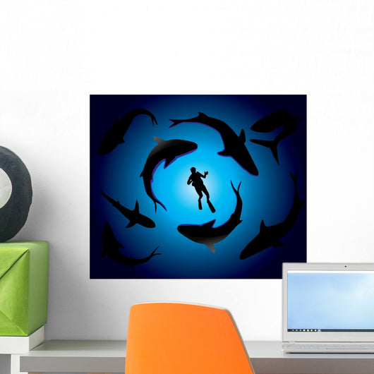 Sharks and Scuba Diver Vector Wall Mural