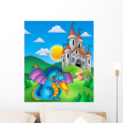 Big Blue Dragon with Wall Mural shown on a wall