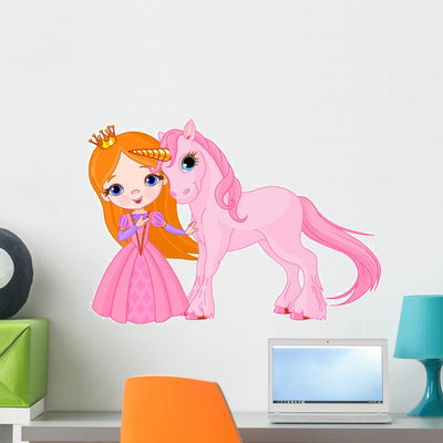 Beautiful Princess and Unicorn Wall Decal shown on a wall