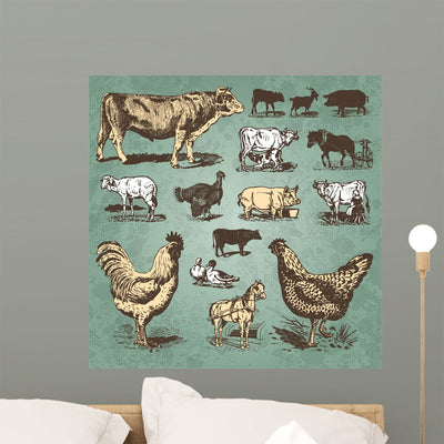 Farm Animals Vintage Set shown on a wall
