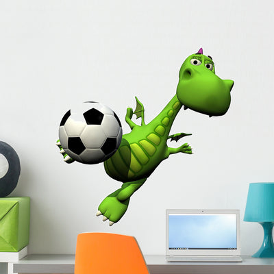 Baby Dragon Playing Soccer Wall Decal shown on a wall