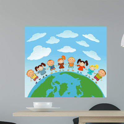 Cartoon Earth with Kids Wall Mural shown on a wall