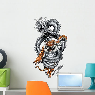 Dragon and Tiger Tattoo Wall Decal shown on a wall
