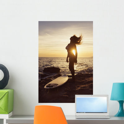 Silhouette Woman Standing Rock Wall Mural shown on a wall