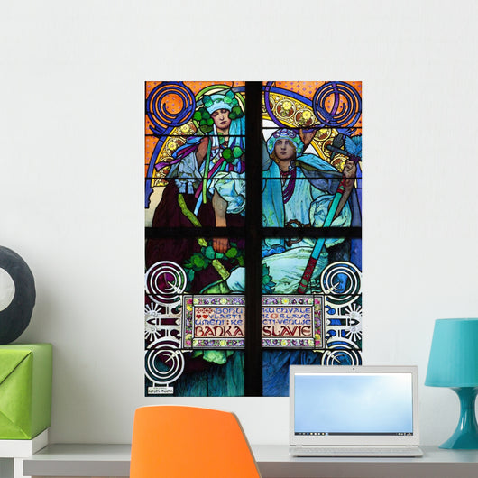 Stained galss window in St Vitus Cathedral designed by Alfons Mucha Wall Mural