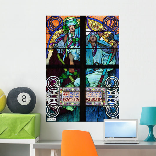 Stained galss window in St Vitus Cathedral designed by Alfons Mucha Wall Mural
