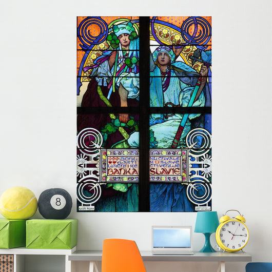 Stained galss window in St Vitus Cathedral designed by Alfons Mucha Wall Mural