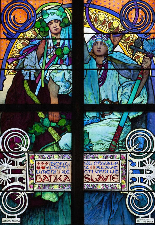Stained galss window in St Vitus Cathedral designed by Alfons Mucha Wall Mural