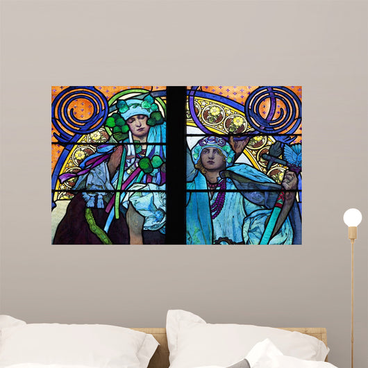 Stained galss window in St Vitus Cathedral designed by Alfons Mucha Wall Mural