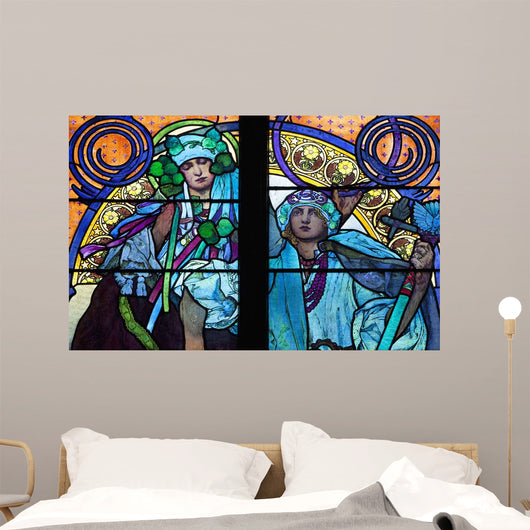 Stained galss window in St Vitus Cathedral designed by Alfons Mucha Wall Mural