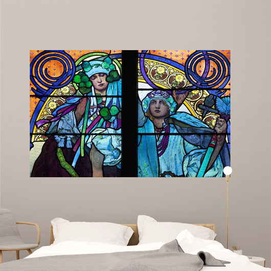 Stained galss window in St Vitus Cathedral designed by Alfons Mucha Wall Mural