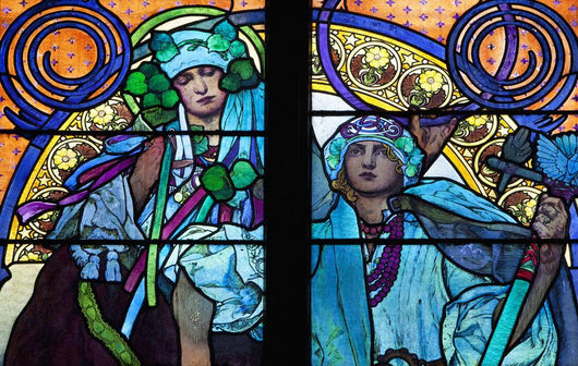 Stained galss window in St Vitus Cathedral designed by Alfons Mucha Wall Mural