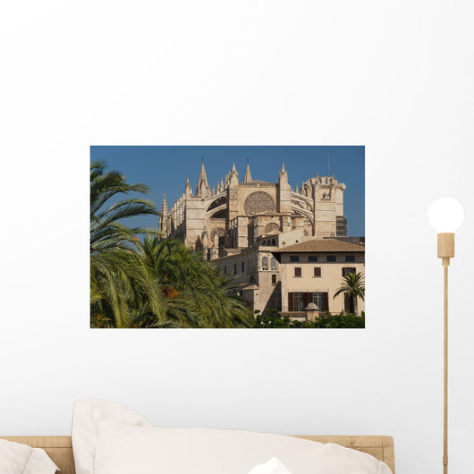 Spain, Majorca, Palm trees in Parc de la Mar leading to Cathedral Wall Mural