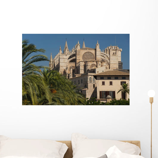Spain, Majorca, Palm trees in Parc de la Mar leading to Cathedral Wall Mural