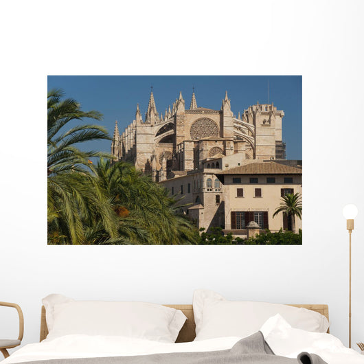 Spain, Majorca, Palm trees in Parc de la Mar leading to Cathedral Wall Mural