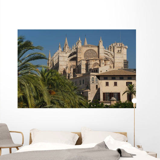 Spain, Majorca, Palm trees in Parc de la Mar leading to Cathedral Wall Mural