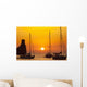 Spain, Yachts and strange shaped rock off Benirras beach at dusk Wall Mural