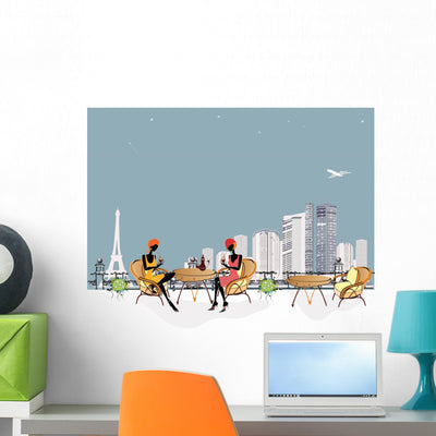 2 Chatting Girls Restaurant Wall Decal shown on a wall