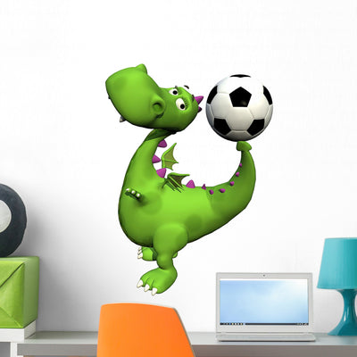 Footballer Dino Baby Dragon Wall Decal shown on a wall