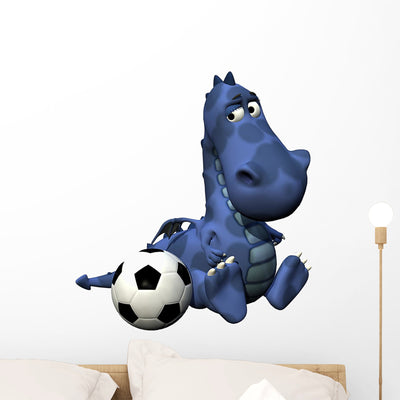 Footballer Dino Baby Blue Wall Decal shown on a wall