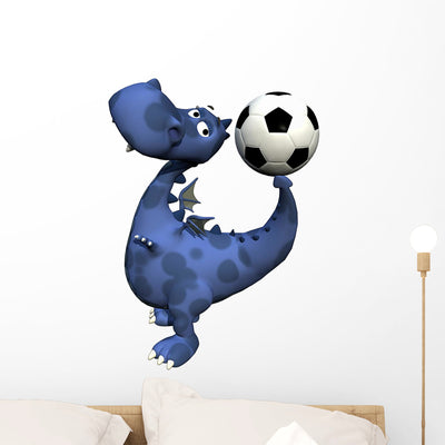 Footballer Dino Baby Blue Wall Mural shown on a wall