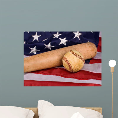 American Flag Vintage Baseball Wall Decal shown on a wall