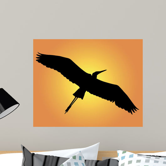 Black Silhouette Heron Orange Wall Mural