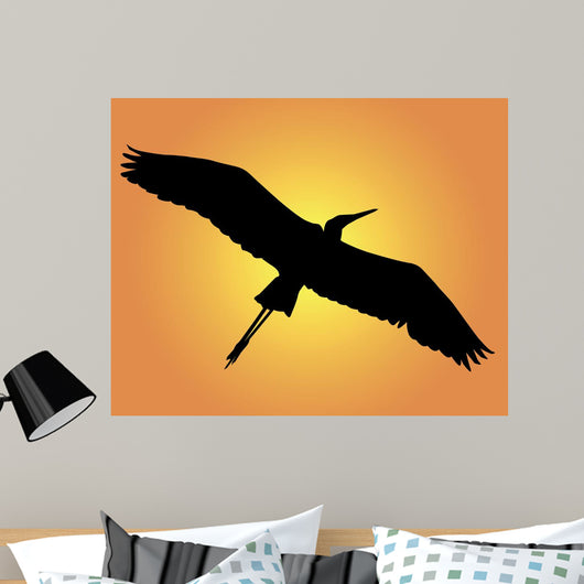 Black Silhouette Heron Orange Wall Mural