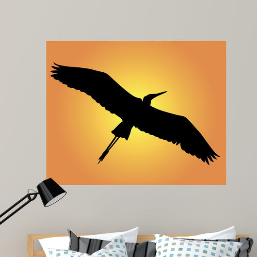 Black Silhouette Heron Orange Wall Mural