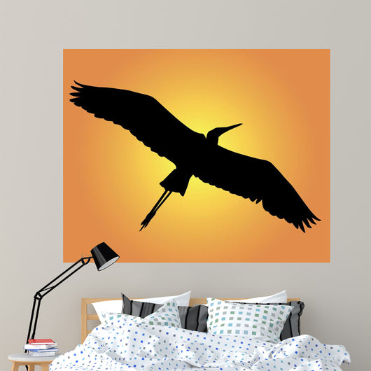 Black Silhouette Heron Orange Wall Mural