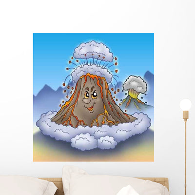 Erupting Cartoon Volcano Wall Decal shown on a wall