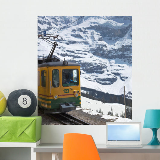Swiss Alps (Jungfraujoch with its tiny cog train). Wall Mural