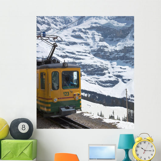 Swiss Alps (Jungfraujoch with its tiny cog train). Wall Mural