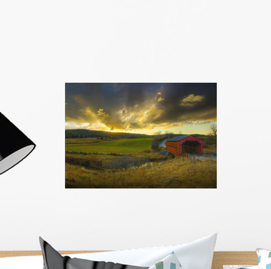 Autumn Sunset Over Meech Creek And Covered Bridge Wall Mural