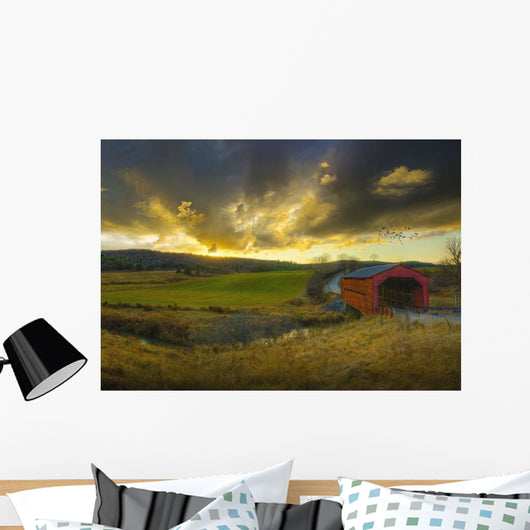 Autumn Sunset Over Meech Creek And Covered Bridge Wall Mural